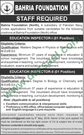 Education Instructor Jobs in Bahria Foundation, Rawalpindi 29 April 2018