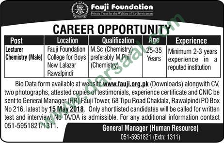 Lecturer Job in Fauji Foundation College Rawalpindi, 29 April 2018
