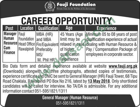 Human Resource Manager Job in Fauji Foundation Rawalpindi, 29 April 2018