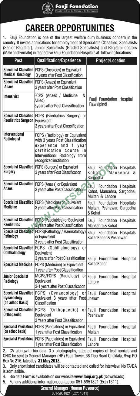 Radiologist, Surgeon, Pathologist, Gynaecologist, Orthopedic Jobs in Fauji Foundation Hospital Rawalpindi, 29 April 2018