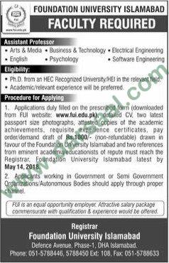 Assistant Professor Job in Foundation University Islamabad, 29 April 2018