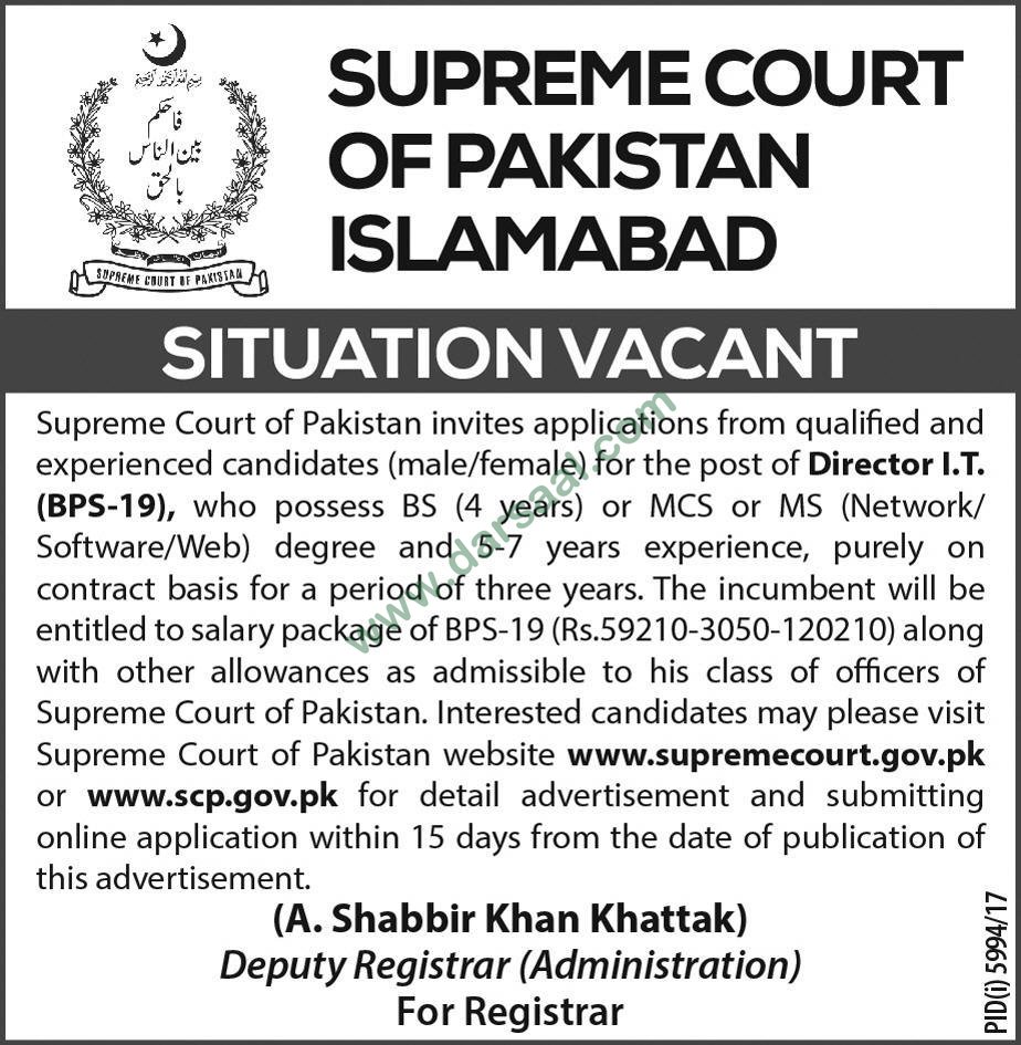Director IT Jobs in Supreme Court of Pakistan Islamabad, 29 April 2018