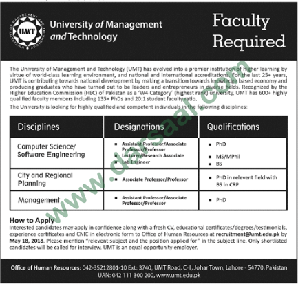 Professor, Assistant Professor, Associate Professor, Lecturer, Research Associate, Lab Engineer Jobs in University of Management & Technology, Lahore 29 April 2018