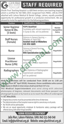 Senior Registrar, Staff Nurses, Radiographer Jobs in Ghurki Trust Teaching Hospital, Lahore 29 April 2018