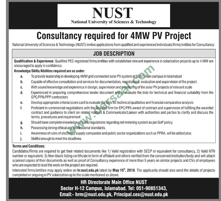 Consultancy Jobs in National University of Science & Technology, Islamabad 29 April 2018