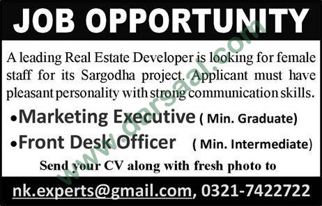 Marketing Executive, Front Desk Officer Jobs in Real Estate Developer Sargodha, 29 April 2018