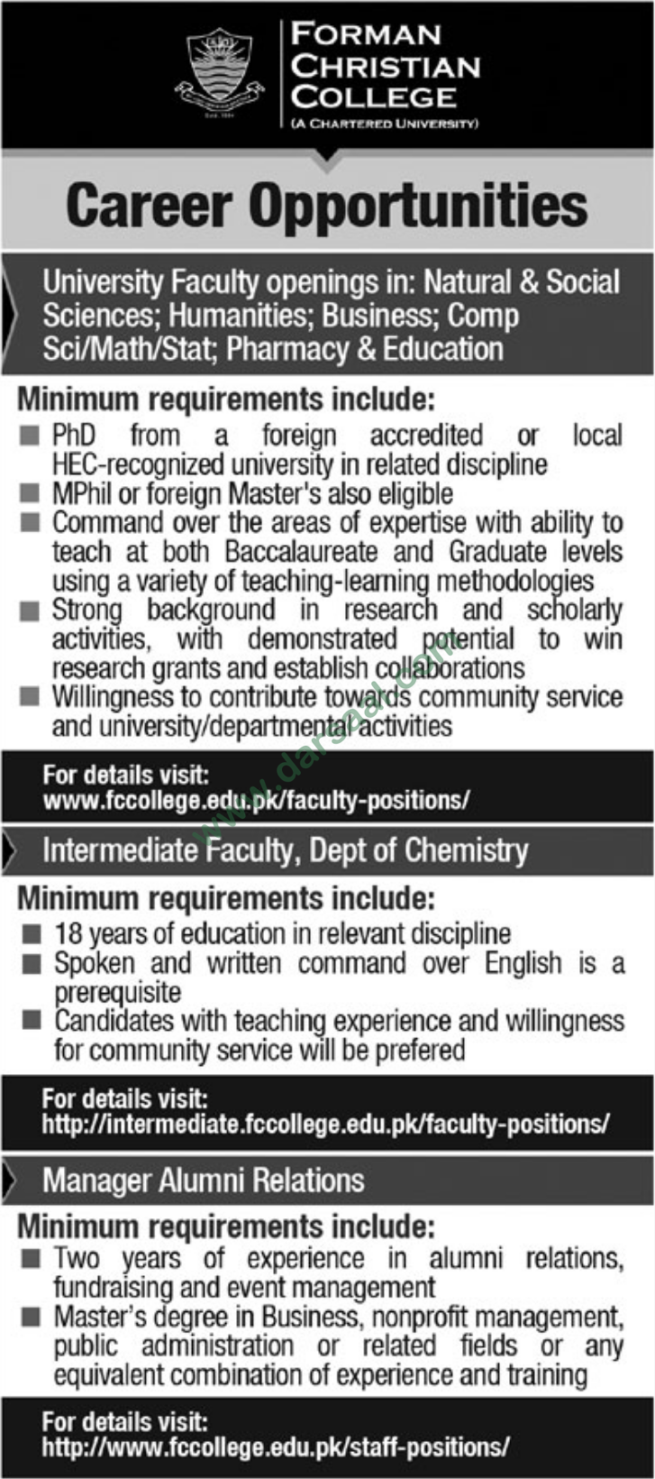 Jobs at Forman Christian College, Lahore 29 April 2018