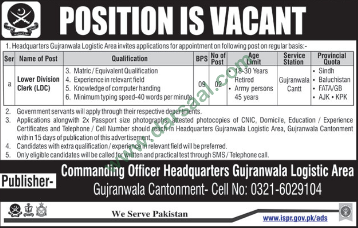 Clerk Jobs in Headquarters, Gujranwala 29 April 2018