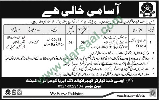 Division Clerk Job in OC Headquarters Gujranwala, 29 April 2018