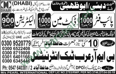 Pipe Fitter, Electrician Jobs in Abu Dhabi, 05 May 2018