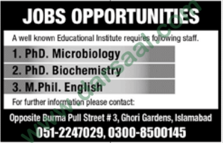 Jobs in Educational Institute, Islamabad 10 May 2018