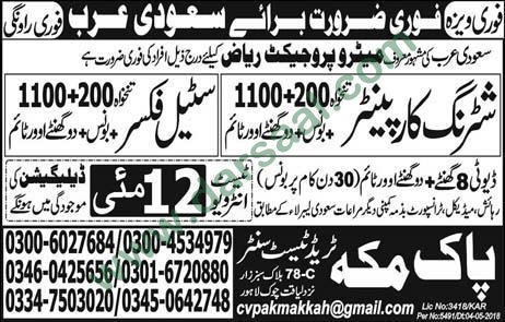 Steel Fixer, Shuttering Carpenter Jobs in Saudi Arabia 10 May 2018