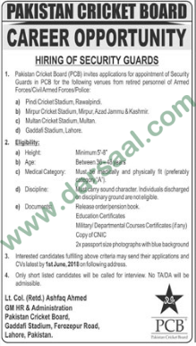 Security Guards Jobs in Pakistan Cricket Board, Lahore 18 May 2018