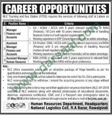 Finance Manager, Assistant Manager Jobs in Human Resource Department Rawalpindi, 18 May 2018