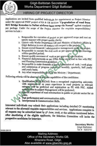 Project Director Job in Gilgit Baltistan Secretariat, 18 May 2018