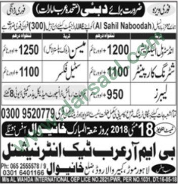 Shuttering Carpenter, Steel Fixer, Mason, Labour, Electrician Jobs in Dubai, 18 May 2018