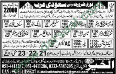 Mason, Foreman, Steel Fixer, Plumber, Electrician, AC Technician Jobs in Saudi Arabia, 18 May 2018