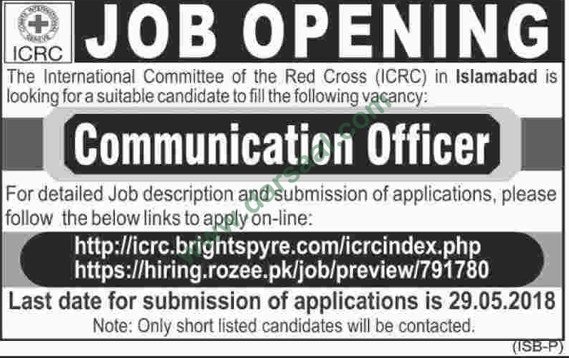 Communications Officer Job in ICRC, Islamabad 19 May 2018