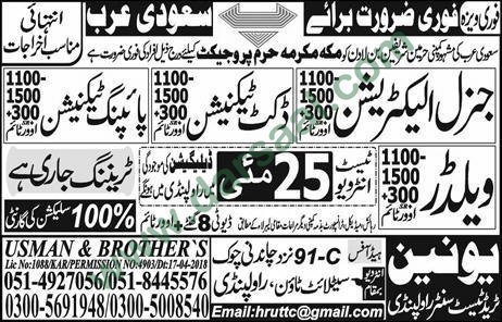 Electrician, Technician, Welder Jobs in Saudi Arabia, 19 May 2018
