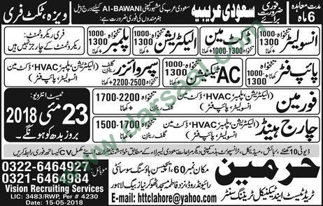Pipe Fitter, Plumber, Electrician, Ductman, AC Technician, Foreman Jobs in Saudi Arabia, 19 May 2018