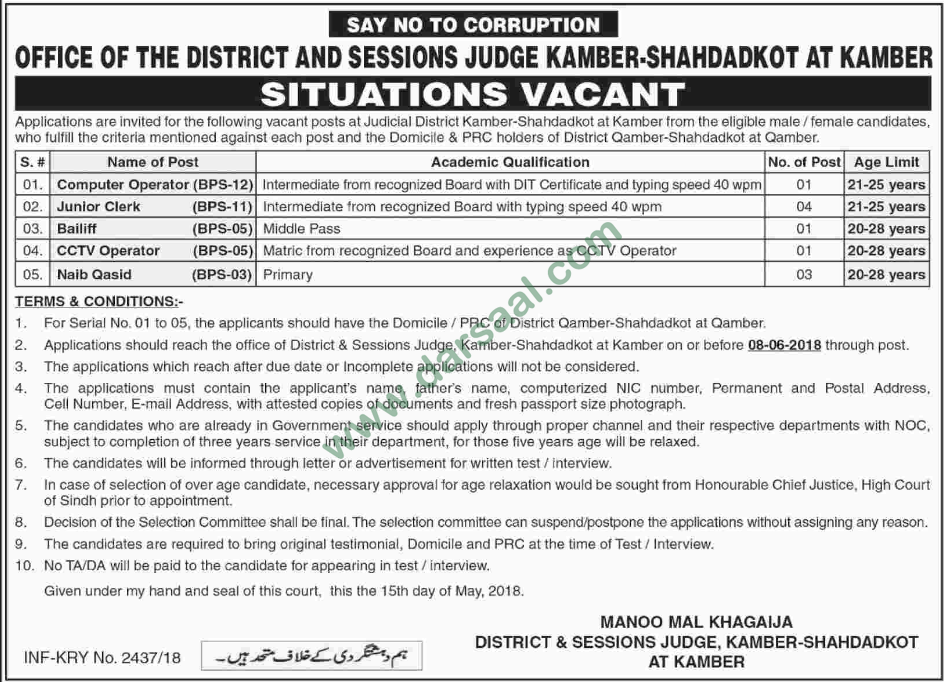 Computer Operator, Clerk, CCTV Operator Jobs In District & Sessions
