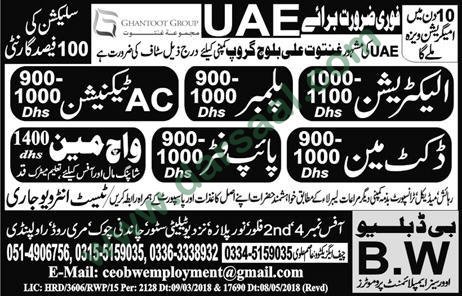 Pipe Fitter, Plumber, Electrician, Ductman, AC Technician Jobs in UAE, 22 May 2018