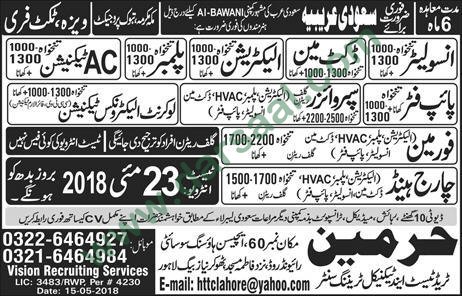 Shuttering Carpenter, Steel Fixer, Plumber, Electrician, AC Technician Jobs in Saudi Arabia, 22 May 2018