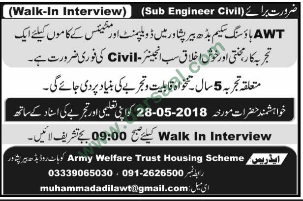 Sub Engineer Job in Army Welfare Trust Housing Scheme Peshawar, 22 May 2018