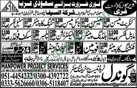 Shuttering Carpenter, Foreman, Mason, Steel Fixer, Plumber, Electrician Jobs in Saudi Arabia, 23 May 2018