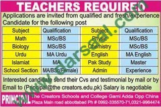 Admin, Islamiat, Chemistry, Physics Teacher Jobs in Abbottabad, 23 May 2018