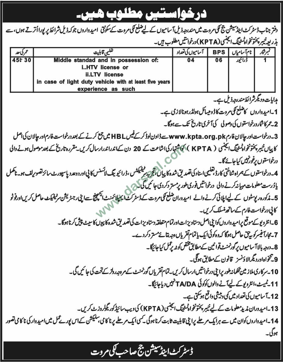 Driver Job in District & Session Judge Lakki Marwat, 23 May 2018