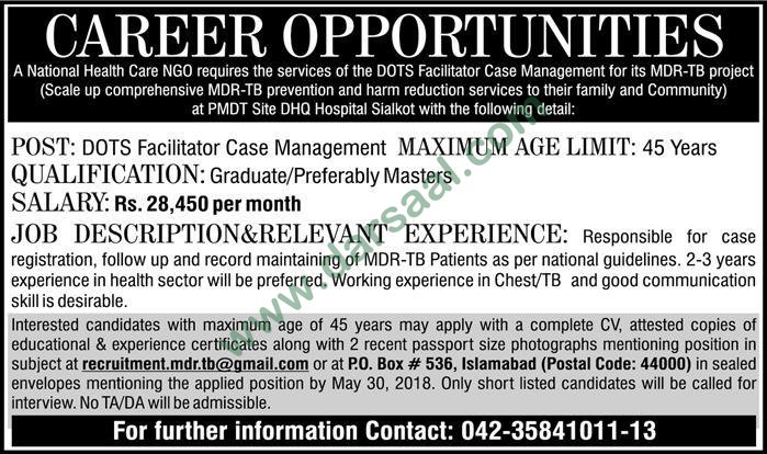 Dots Facilitator Case Management Jobs in National Health Care Islamabad, 23 May 2018