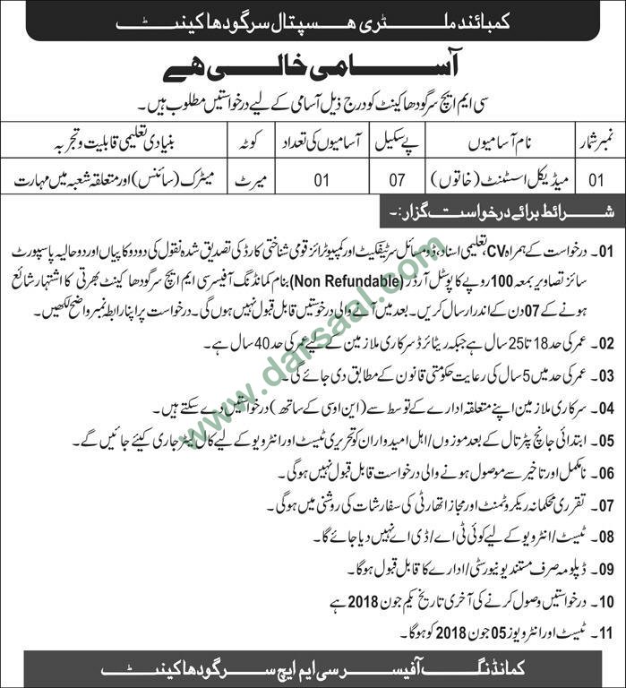 Female Medical Assistant Job in CMH Sargodha Cantt, 23 May 2018