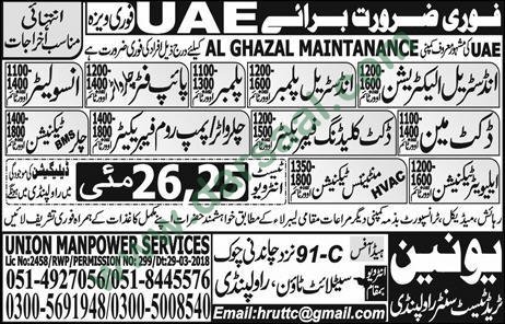 Pipe Fitter, Plumber, Electrician, Ductman, AC Technician Jobs in UAE, 23 May 2018