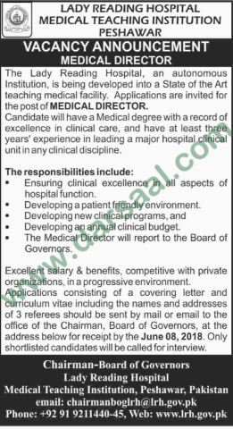 Medical Director Job in Lady Reading Hospital, Peshawar 24 May 2018