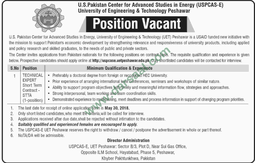 Technical Expert Job in University of Engineering & Technology, Peshawar 24 May 2018
