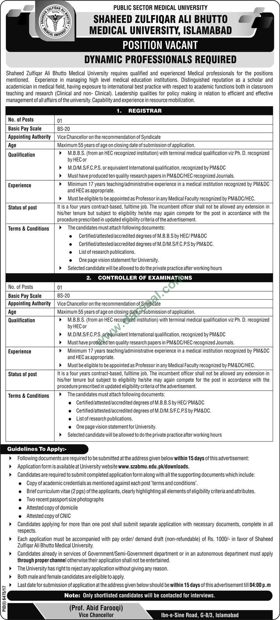 Registrar, Examinations Controller Jobs in Shaheed Zulfiqar Ali Bhutto Medical University Islamabad, 24 May 2018