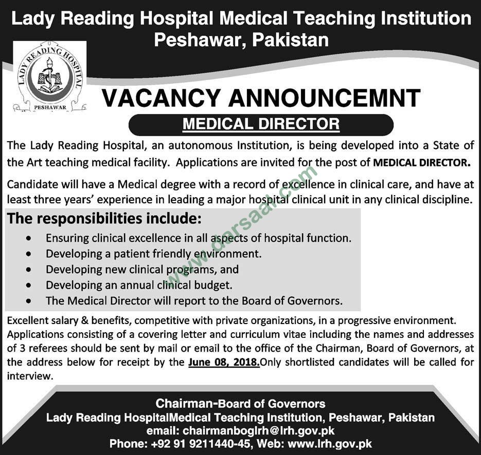 Medical Director Job in Lady Reading Hospital Peshawar, 24 May 2018