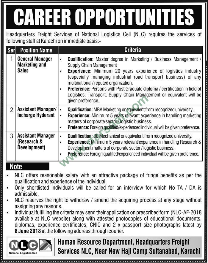 Assistant Manager, General Manager Marketing Jobs in National Logistics Cell Karachi, 24 May 2018