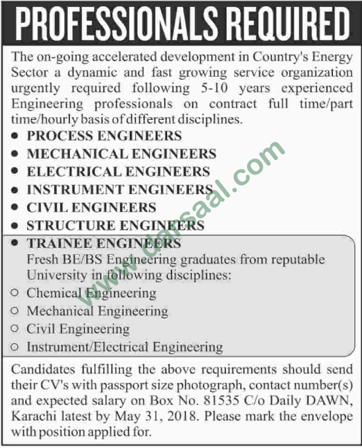 Electrical Engineer, Mechanical Engineer, Civil Engineer Jobs in Karachi, 24 May 2018