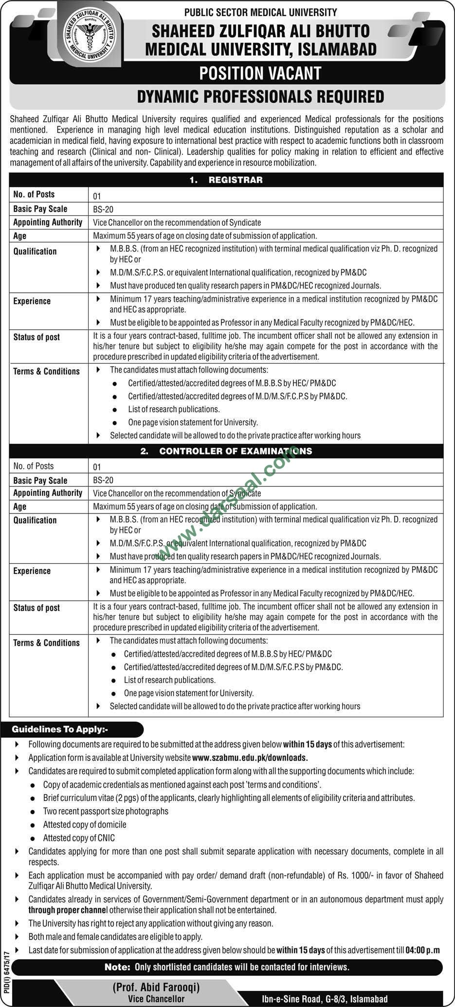 Examinations Controller & Registrar Jobs in Shaheed Zulfiqar Ali Bhutto Medical University Islamabad, 24 May 2018