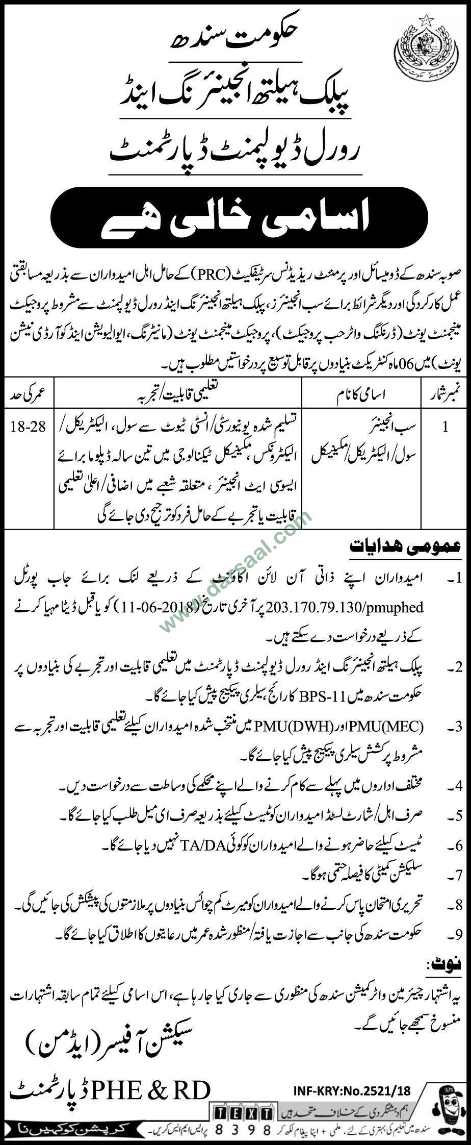 Sub Engineering Job in Public Health Engineering Sindh, 24 May 2018