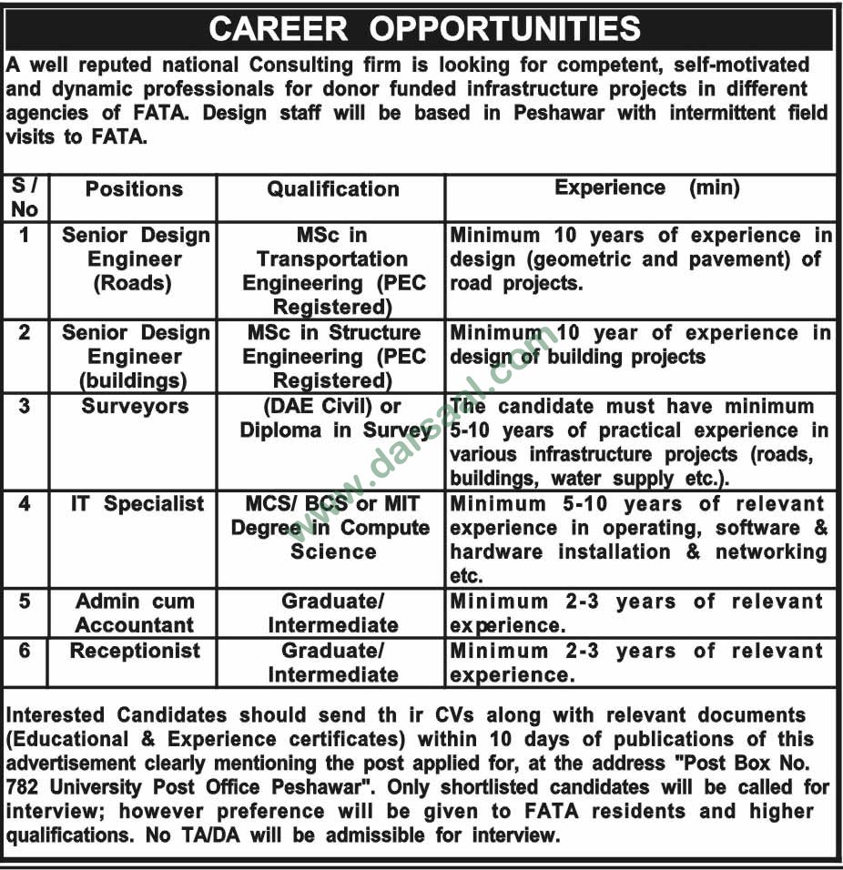 IT Specialist, Admin, Receptionist Jobs in Well Reputed National Consulting Firm Peshawar, 24 May 2018
