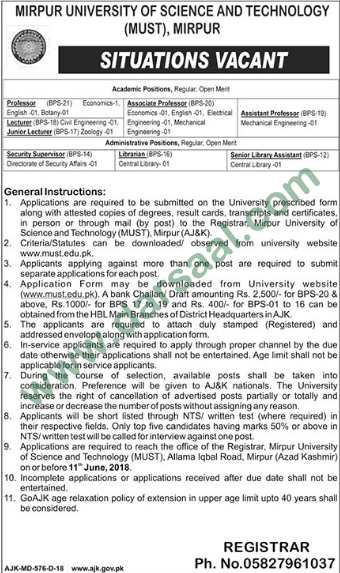 Professor, Assistant Professor, Security Supervisor Jobs in Mirpur University of Science and Technology, 24 May 2018