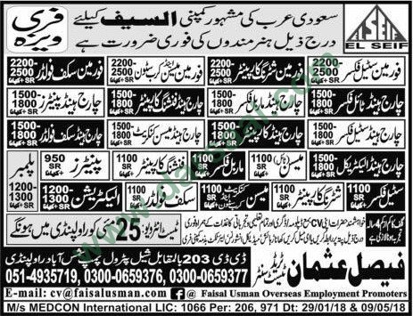 Foreman, Mason, Steel Fixer, Plumber, Electrician, Painter Jobs in Saudi Arabia, 25 May 2018