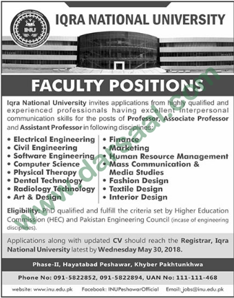 Professor, Assistant Professor, Associate Professor Jobs in IQRA National University, Hyderabad 24 May 2018