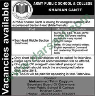 Section Head Jobs in Army Public School And College Kharian, 24 May 2018