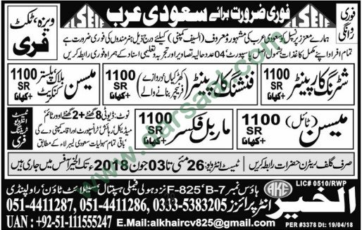 Marble Fixer, Shuttering Carpenter, Mason Jobs in Saudi Arabia, 25 May 2018