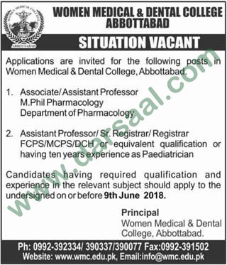 Assistant Professor, Associate Professor, Registrar Jobs in Women Medical College Abbottabad, 27 May 2018