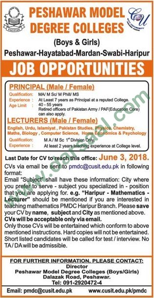 Principal, Lecturer Jobs in Peshawar Model Degree Colleges, 27 May 2018